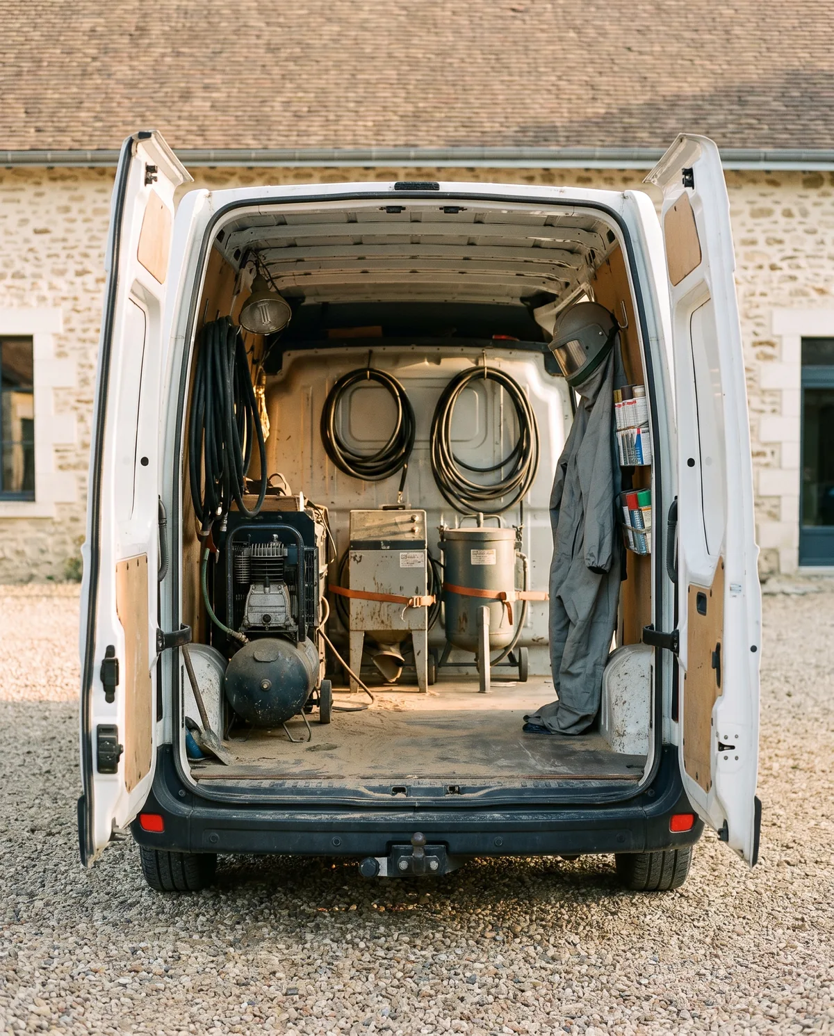 Camion atelier ouvert, matériel de sablage et d'aérogommage